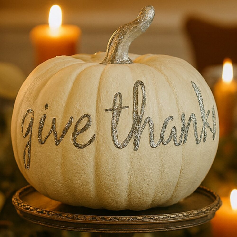 NWT Ivory Give Thanks Pumpkin Thanksgiving Table Centerpiece Fall Decor